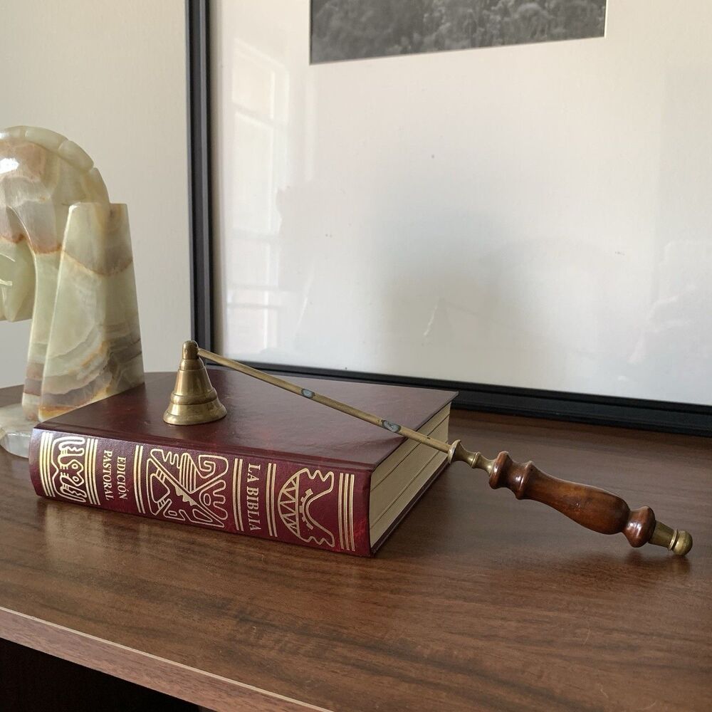 Antique Brass Bell Hinge Candle Snuffer Wooden Handle Patina Vintage Unique 13”